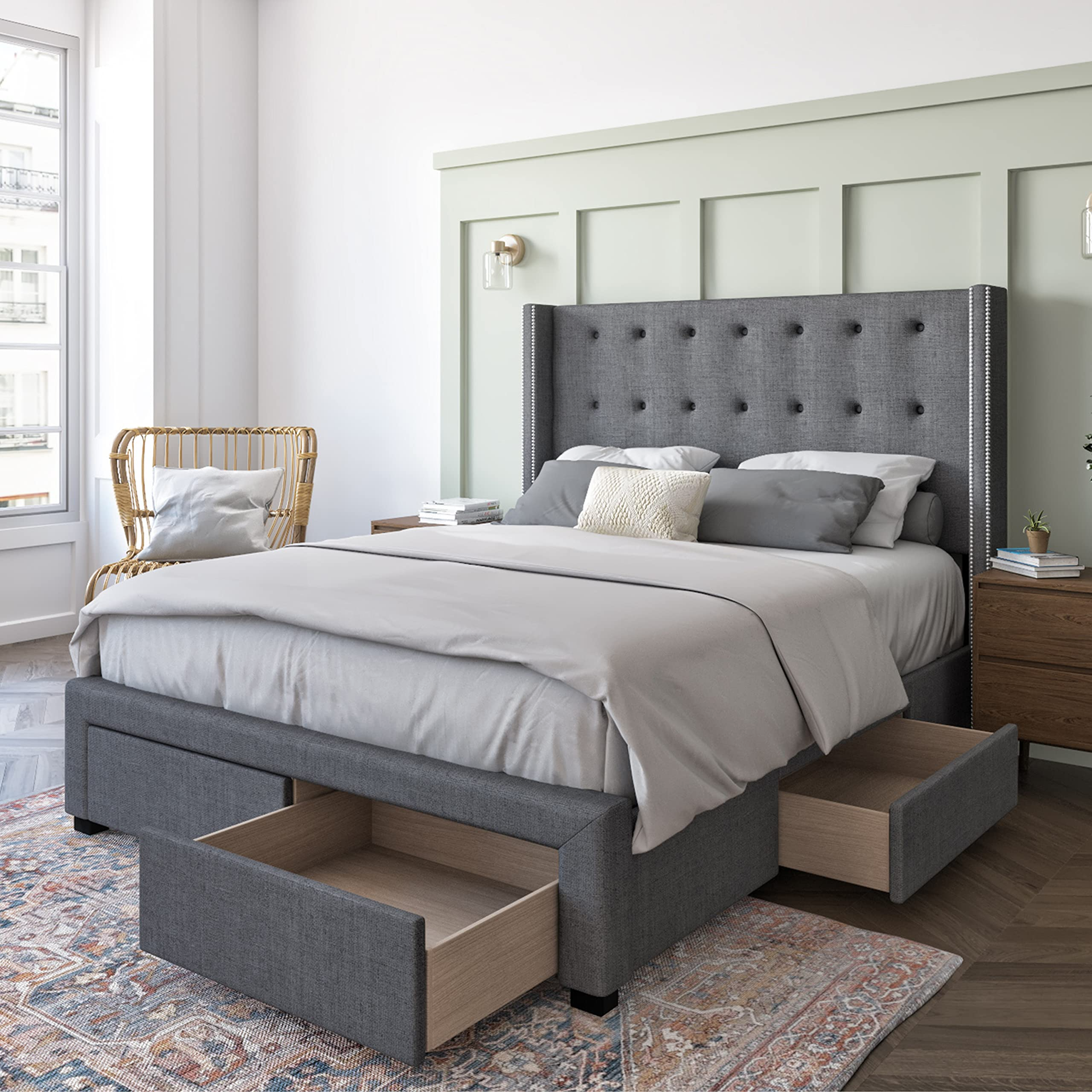【Furniture】Savoy Tufted Upholstered Wingback Panel Storage Bed Frame, King Size in Grey Fabric