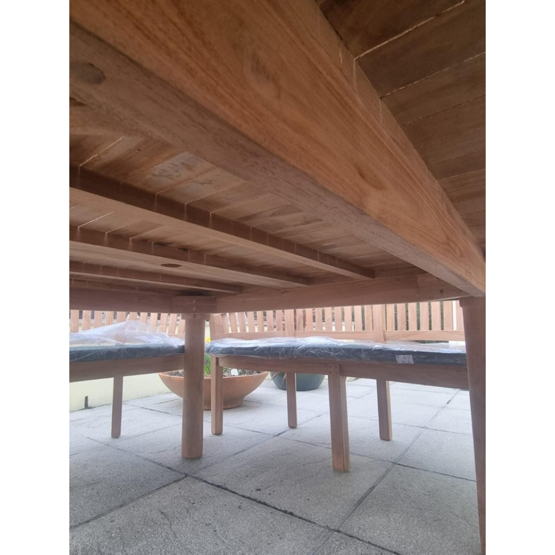 Teak garden dining set. 1.8m “Titan” round table, 4 bowwood style seats