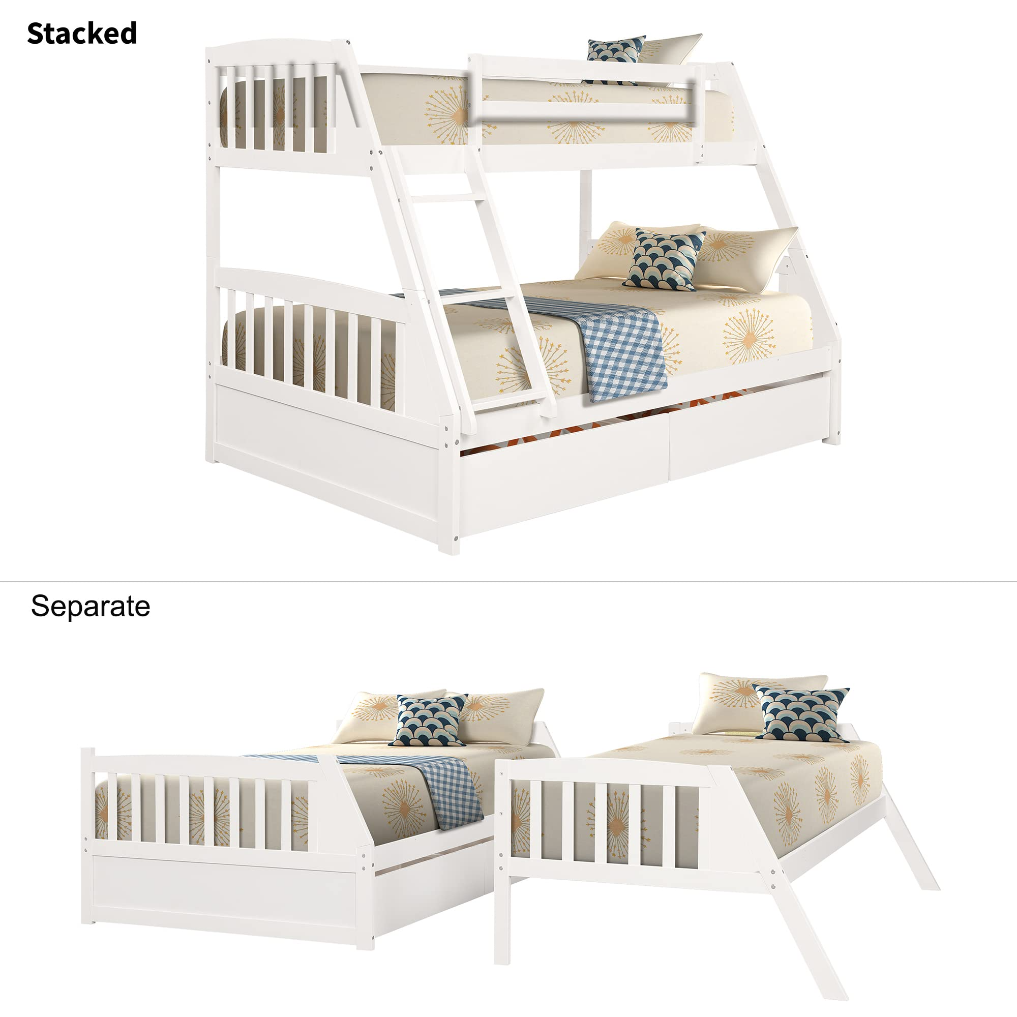 【Furniture】Solid Wood Bunk Bed Frames No Box Spring Needed with Saftey Guard Rails & Storage Drawers