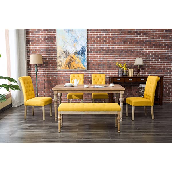 Roundhill Furniture Habitanian 6-Piece White Wash Dining Set with Tufted Chairs and Bench, Beige