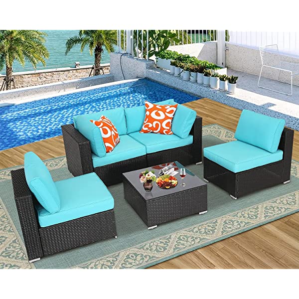 Furnivilla 5 Pieces Outdoor Conversation Set Patio Furniture with PE Wicker Rattan Patio Set with Ottoman and Side Coffee Table All Weather for Backyard Porch Garden Poolside Balcony Cornflower Blue