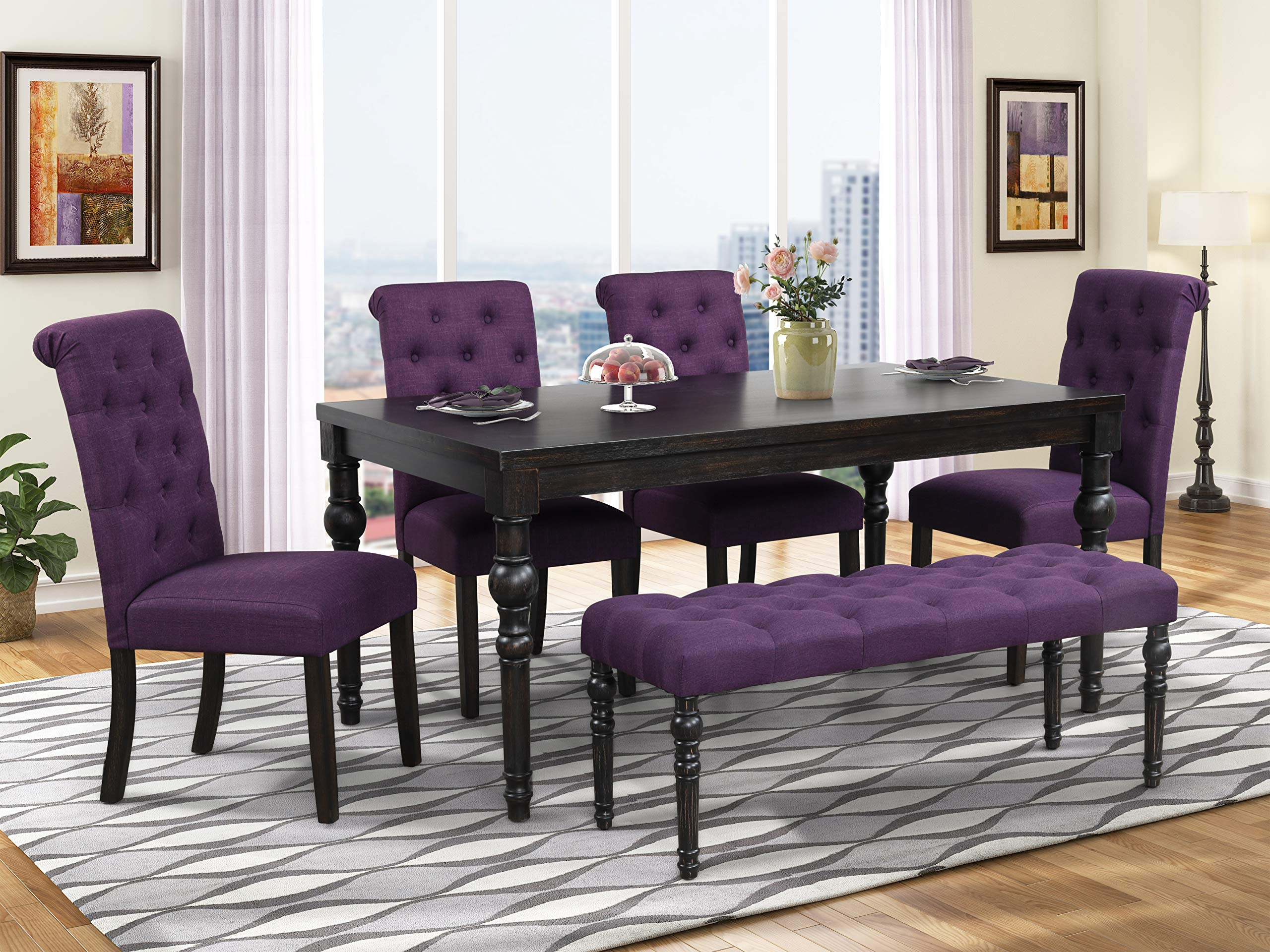【Furniture】Aneta Urban Style Dark Washed Wood Dining Set: Table, 4 Chairs & Bench, Purple