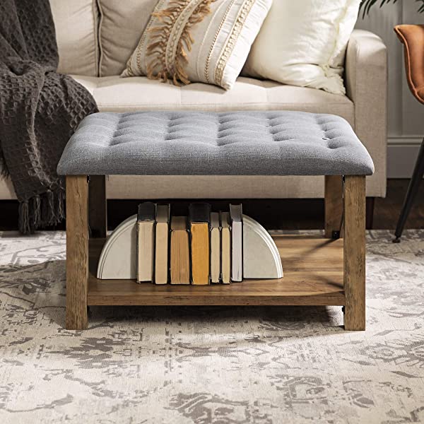 Walker Edison Cambridge Modern Farmhouse Metal X Tufted Ottoman, 30 Inch, Grey Grey Upholstered Ottoman