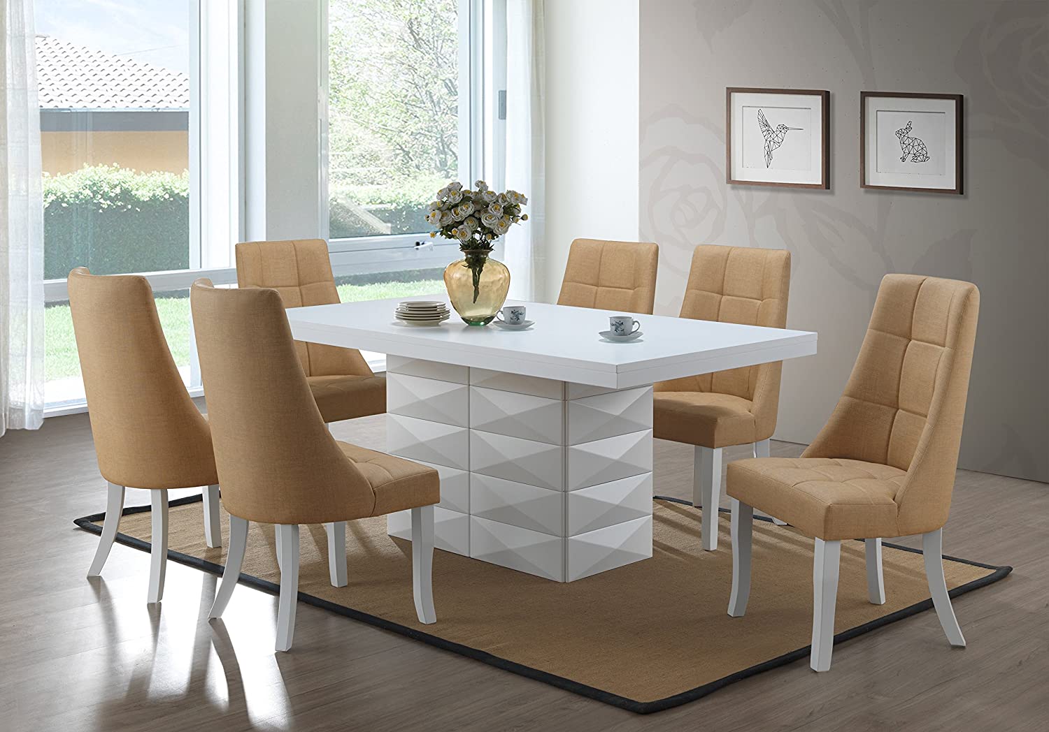 【Furniture】Milan 7 Piece White Modern Rectangle Dinette Dining Room Table & 6 Beige Vinyl Chairs