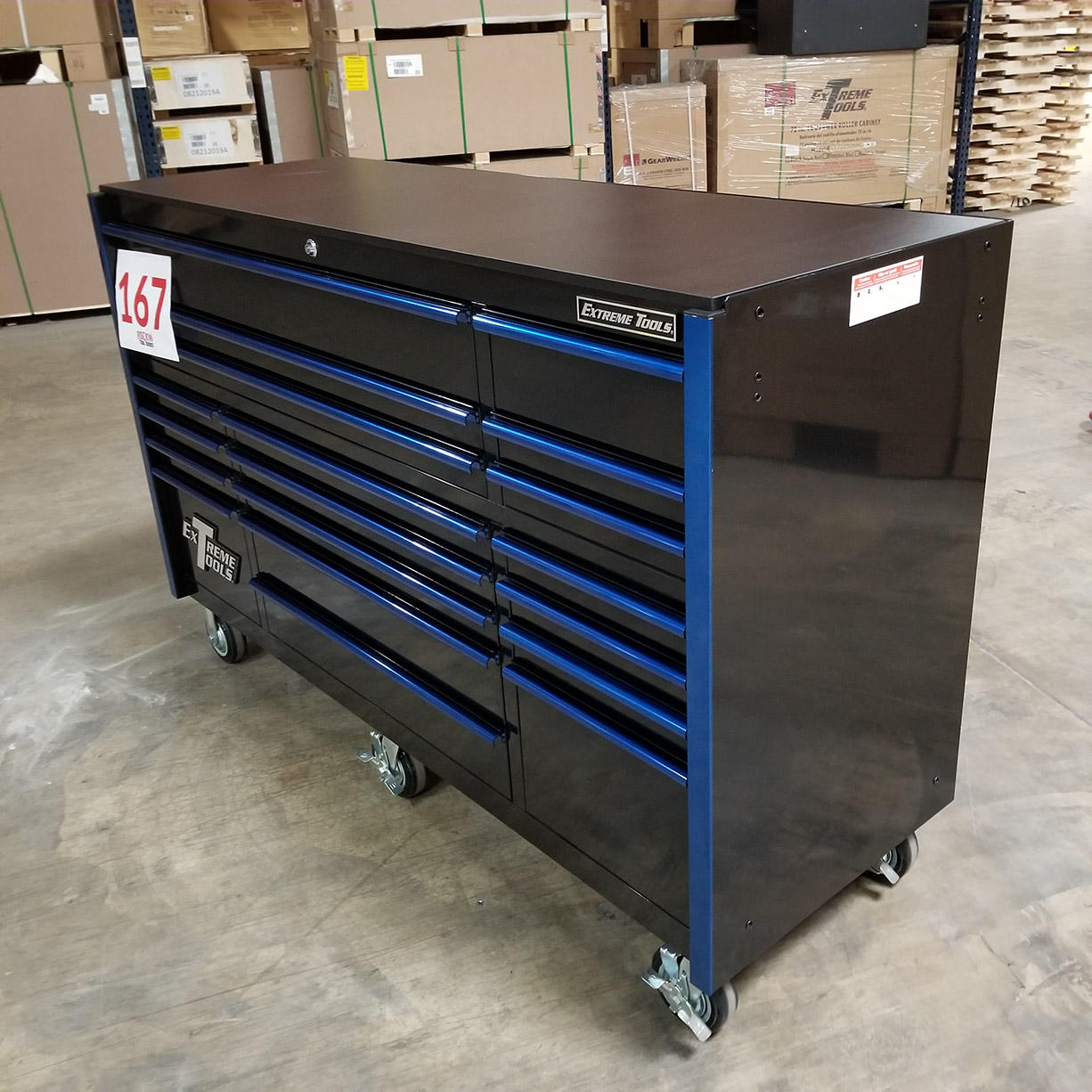 used toolboxShowroom Demo, Extreme Tools RX Series 72 19 Drawers 25 Deep Roller Cabinet, Black-Blue, 150 lbs. Slides
