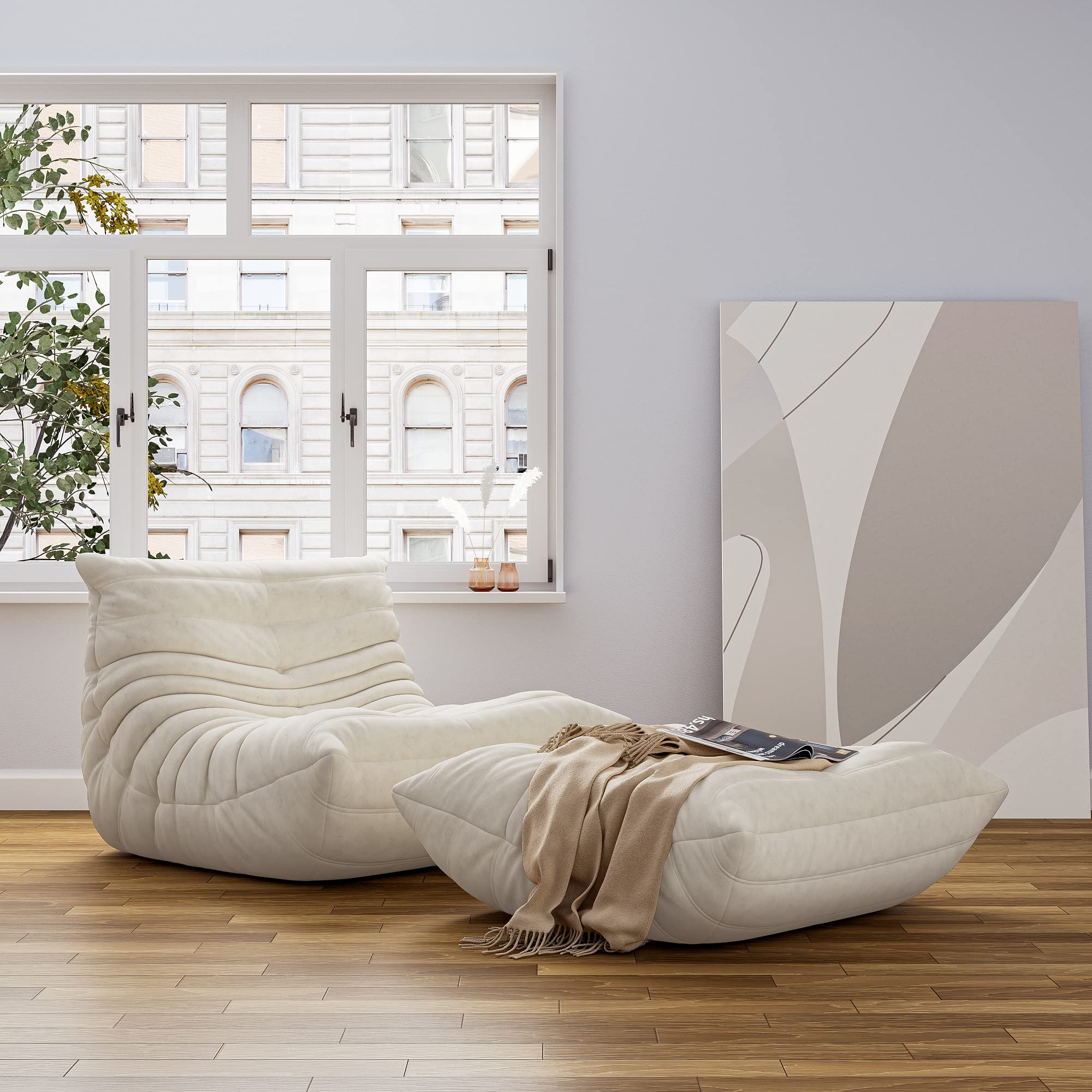 【Furniture】Chair with Ottoman, Soft Suede Oversized Chair with Ottoman Lazy Floor Sofa