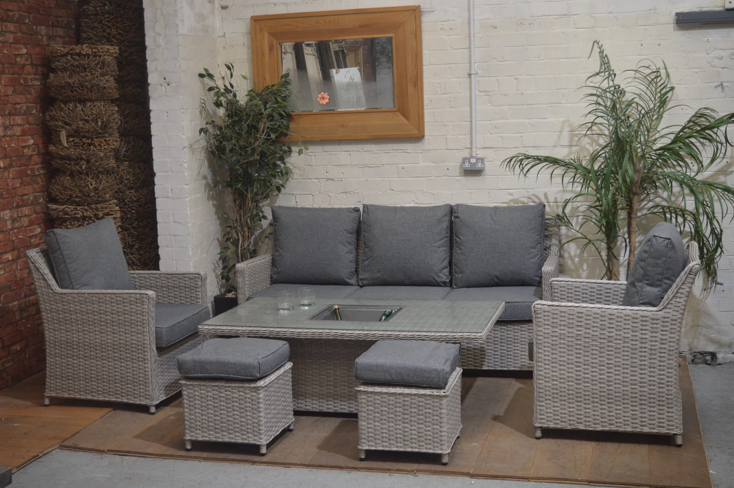 Sofa Patio Dining Lounge Set With Rising Table - Grey Rattan