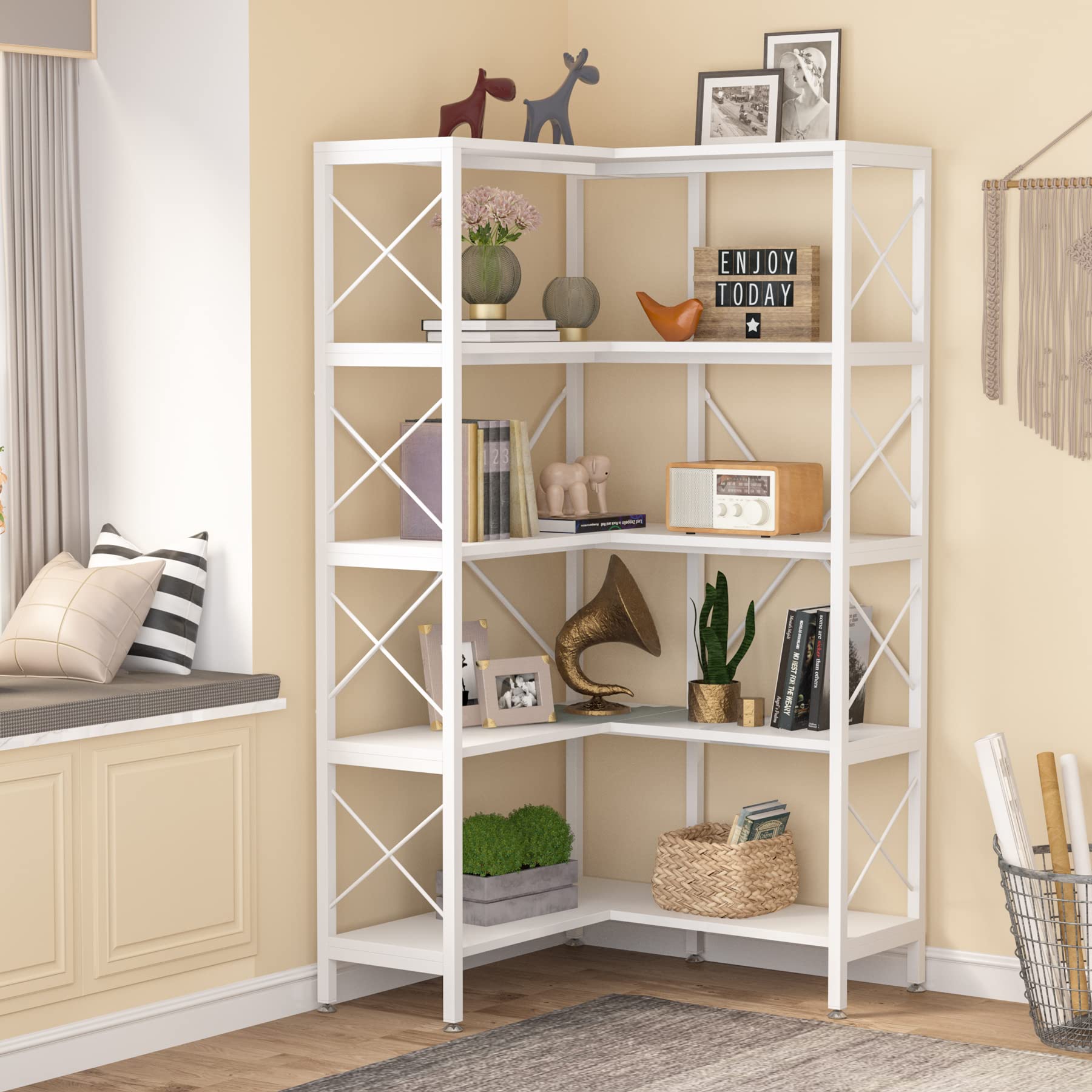 【Furniture】5-Shelf Corner Bookshelf, Large Modern Corner Bookcase, 5-Tier Tall Corner Shelf Storage Display Rack