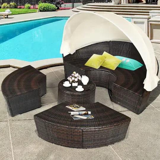 【Furniture】Costway Patio Rattan Daybed, Upholstered Sofa, Adjustable Canopy Table Top, 3 Cushions