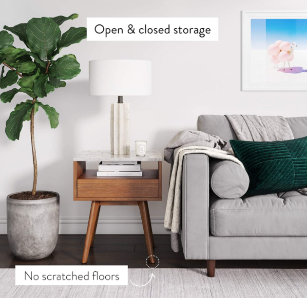 Nathan James James Mid-Century Rectangle Accent Side or End Table Walnut Finish Wood and Faux Marble Top with Storage Nightstand, Frame, White/Brown