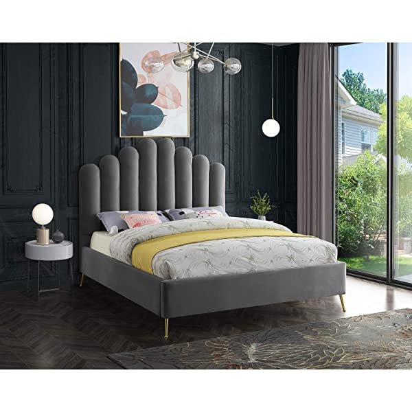 Meridian Furniture Lily Collection Modern | Contemporary Velvet Upholstered Bed with Deep Channel Tufting and Custom Gold Steel Legs, Queen, Cream Cream Queen
