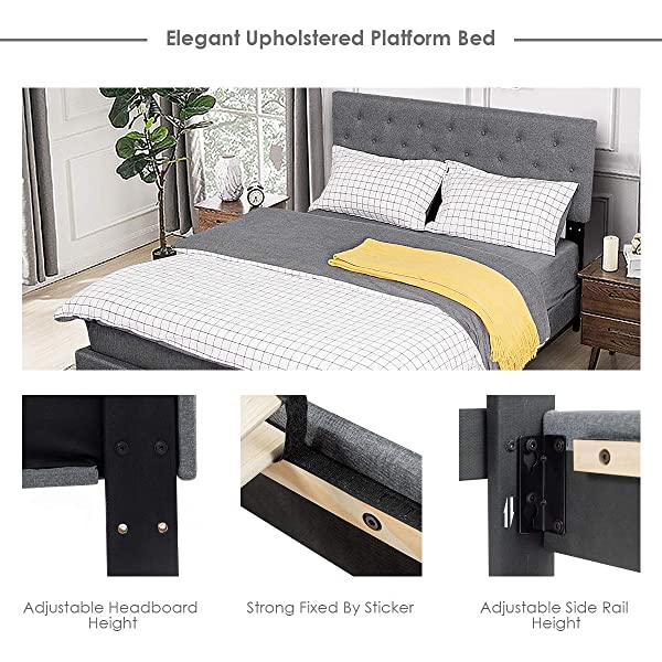 Giantex Shalini Upholstered Panel Platform Bed, Diamond Stitched Linen Panel Headboard, Metal Frame & 12 Strong Wooden Slat Support, Easy Assembly, Bed Mattress Foundation (Queen)