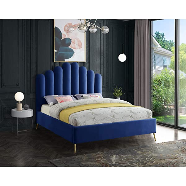 Meridian Furniture Lily Collection Modern | Contemporary Velvet Upholstered Bed with Deep Channel Tufting and Custom Gold Steel Legs, Queen, Cream Cream Queen
