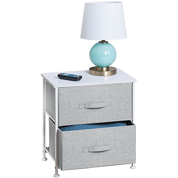 mDesign Storage Dresser End/Side Table Night Stand Furniture Unit - Small Standing Organizer for Bedroom, Office, Living Room, and Closet - 2 Drawer Removable Fabric Bins - Gray/White Grey