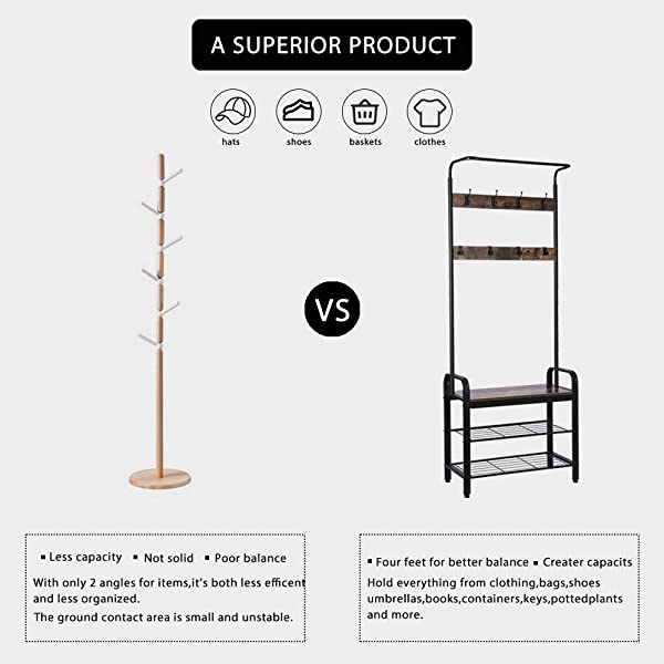 VIVOHOME 3-in-1 Entryway Hall Tree, Heavy Duty MDF Stand Coat Rack with Storage Bench, Industrial Wood Furniture with Stable Metal Frame, 8 Hooks Rustic Brown