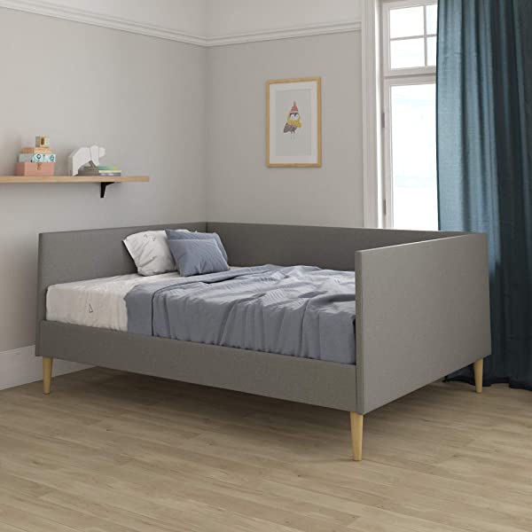 DHP Franklin Mid Century Upholstered Daybed, Sofa Bed, Twin Size Frame, Tan Linen Linen Twin Tan