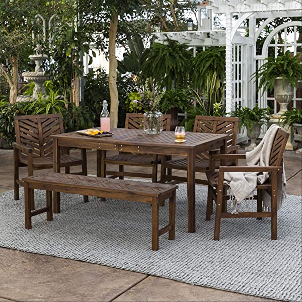 Walker Edison 5 Person Outdoor Wood Chevron Patio Furniture Dining Set Table Chairs Bench All Weather Backyard Conversation Garden Poolside Balcony, 4 Piece, Brown Brown 4 Piece Dining Set