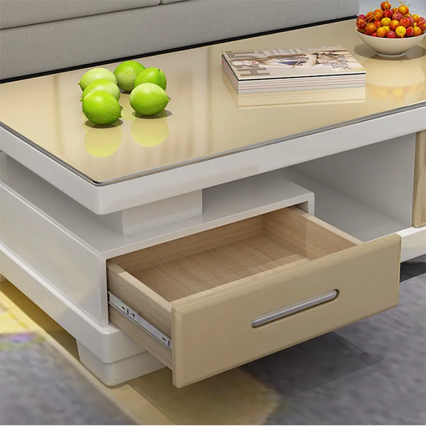 HomeSailing Modern White High Gloss Coffee Table with 2 Storage Drawers Living Room Large Glass Tabletop Coffee Table Wood Frame Sofa End Tea Table Rectangular for Office Waiting Reception Furniture