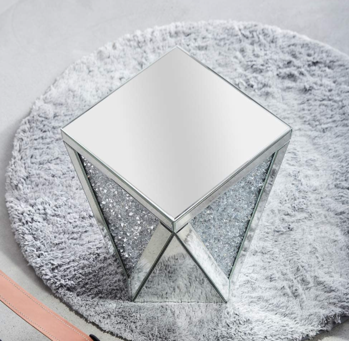 Mirrored End Table with Crystal Inlay, Square Modern Side Table Silver Accent Table, Drum End Table for Living Room Bedroom from MIREO Fine Furniture