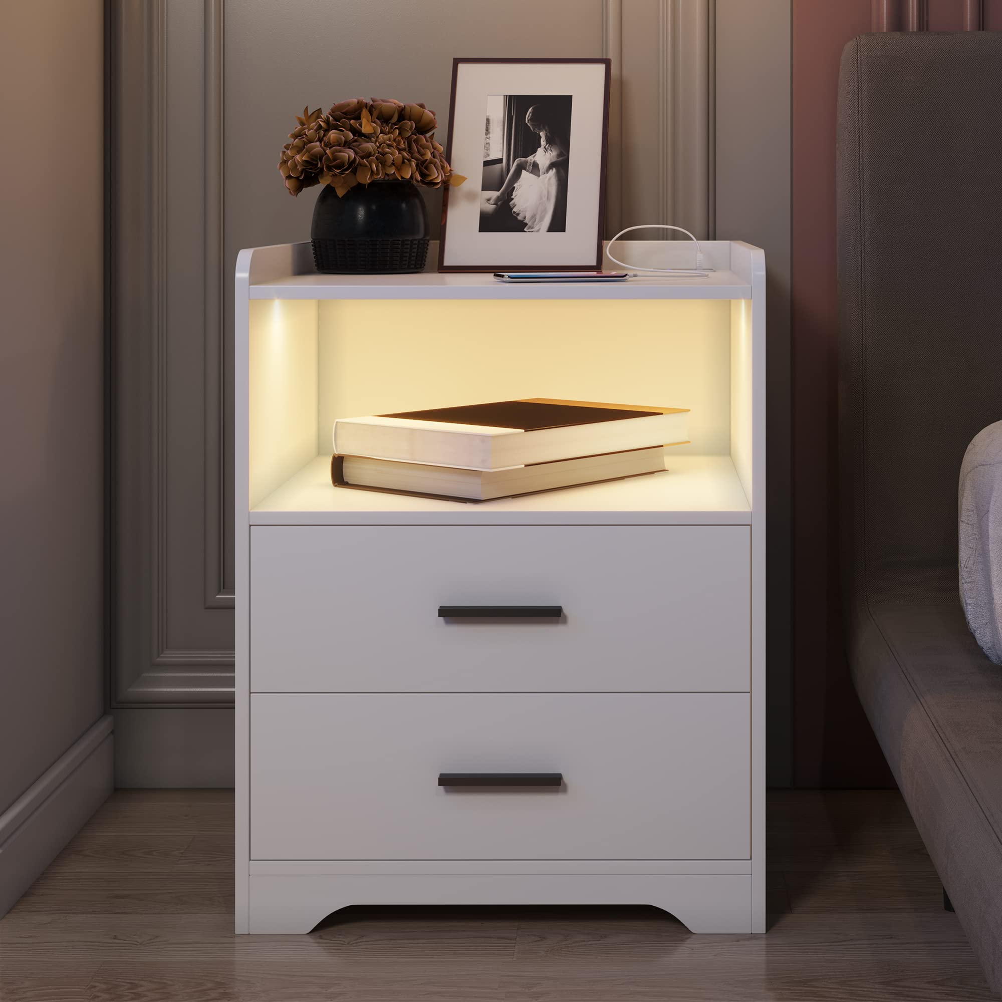 【Furniture】Black Nightstand with Charging Station, Night Stands with 2 Drawers, Smart Nightstand Bedside Table Led