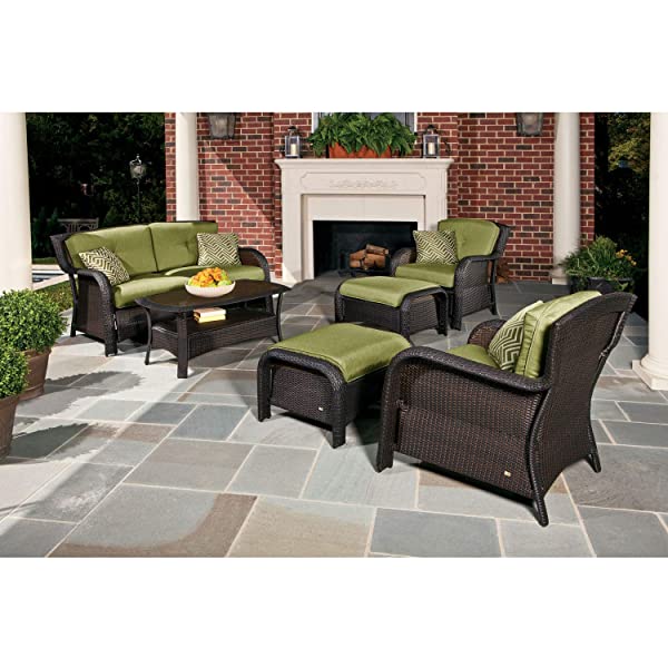 Hanover Strathmere 6-Piece Outdoor Patio Conversation Set, 2 Side Chairs with Ottomans, Loveseat and Tempered Glass Coffee Table, with Hand-Woven Wicker and Thick Cilantro Green Cushions, STRATHMERE6PC