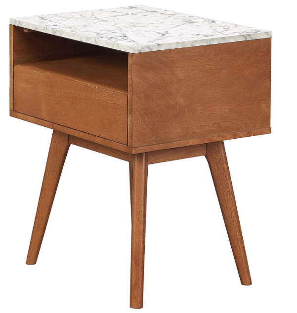 Nathan James James Mid-Century Rectangle Accent Side or End Table Walnut Finish Wood and Faux Marble Top with Storage Nightstand, Frame, White/Brown