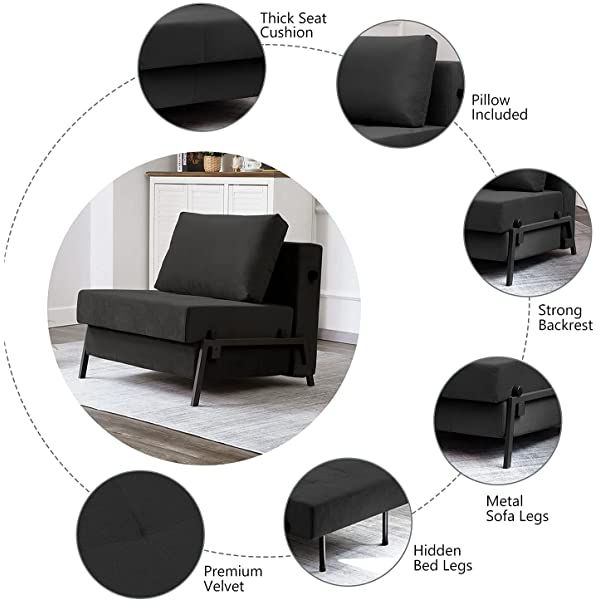 Vonanda Sofa Bed, Folding Velvet Sleeper Sofa, Modern Sleeper Chair Bed with Hidden Legs and Sturdy Frame for Small Living Space, Velvet Hunter Green