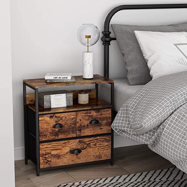 Furologee Nightstand with 3 Drawers, Dresser with Storage Shelf, Bedside Table/Closet Organizer, Rustic Fabric Linen Bins & Wooden Top for Bedroom, Hallway, Hotel (Rustic Brown)