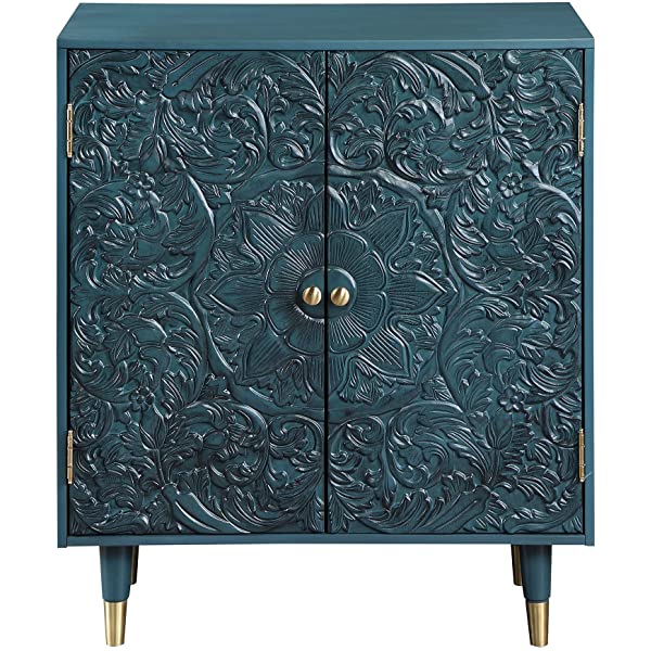 LALUZ Carved Accent Storage Cabinet Floor Cabinet for Bedroom Living Room, Oak Finish 30 Inch 30