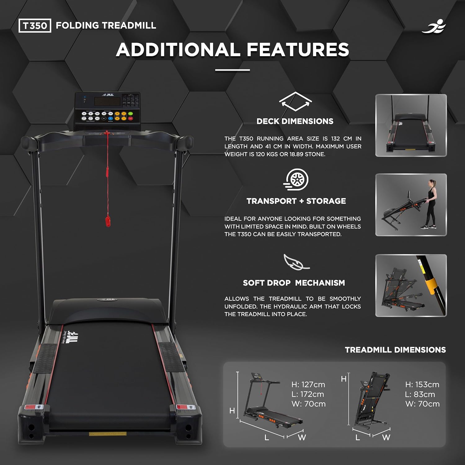 JLL T350 Digital Folding Treadmill, 2024 New Generation Digital Control 4.5HP Motor, 20 Incline Levels,0.3km/h to 18km/h, 20 Programmes, Bluetooth & Speakers, 2-Year Parts&Labor, 5-Year Motor Cover