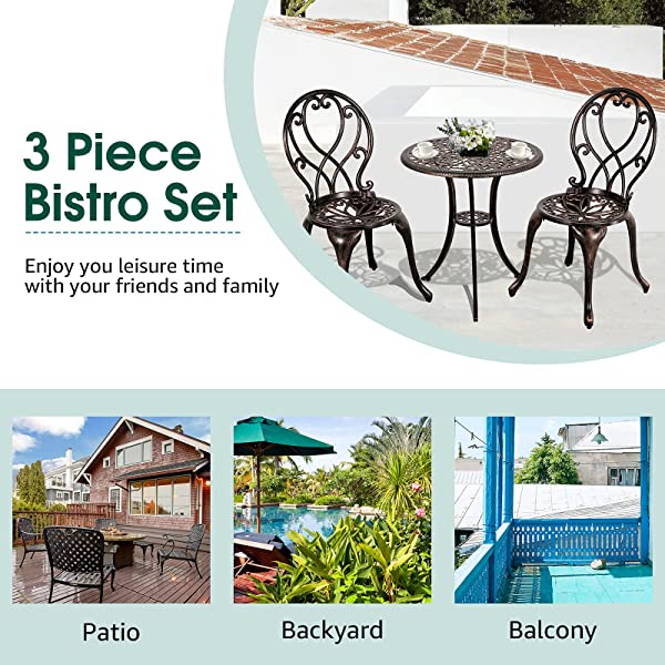 Patiorama 3 Piece Patio Bistro Set, Outdoor Cast Aluminum Furniture Set, All Weather Rust-Resistant Conversation Set w/Umbrella Holen, Antique Finish, Copper