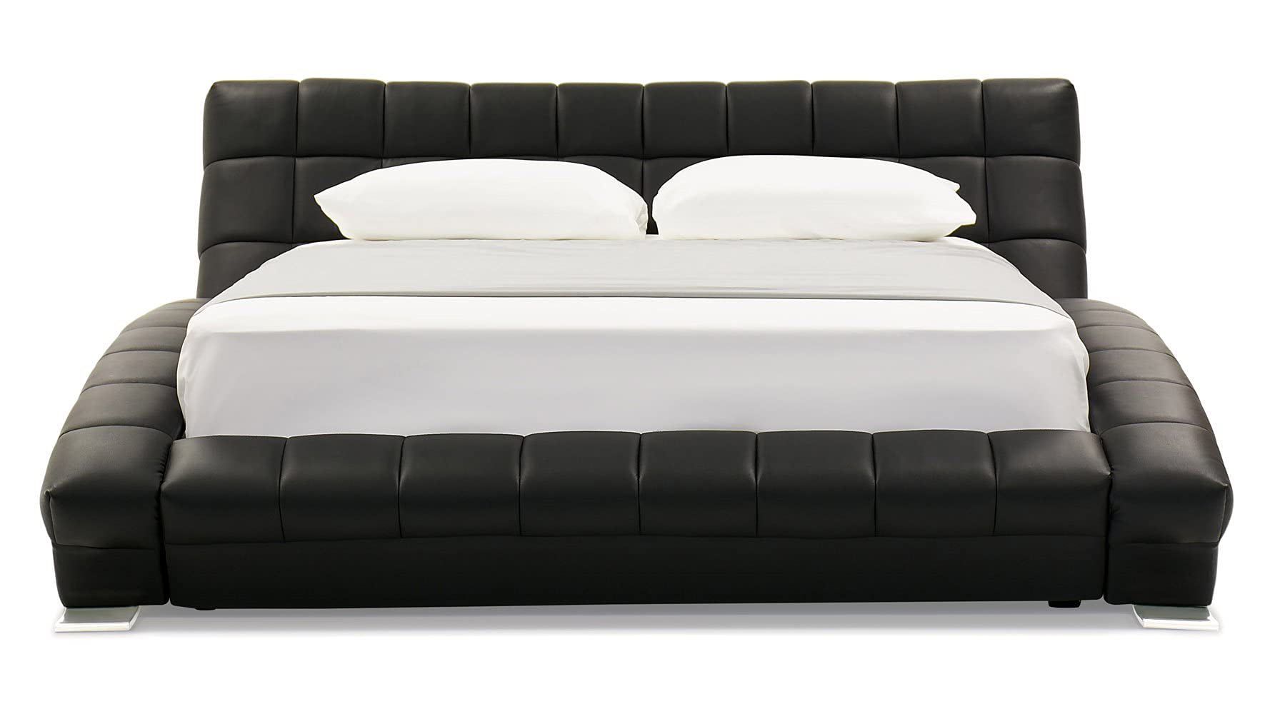 【Furniture】Modern Adonis Black Tufted Genuine Leather Platform Bed - King