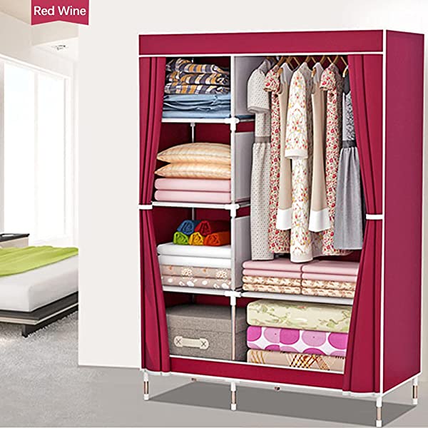 QUMENEY Wardrobe Storage Closet, Portable Clothes Standing Shelves Organizer, Extra Strong and Durable Non-Woven Fabric Rack with Hanging Rods, Quick and Easy to Assemble (Pink Dots)