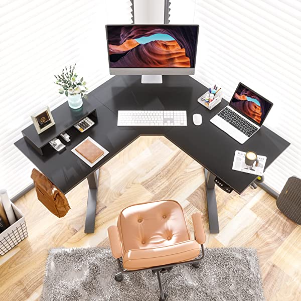 FEZIBO Dual Motor L-Shaped Electric Standing Desk, 48 Inches Height Adjustable Corner Desk, Full Sit Stand Home Office Table with Splice Board, Black Frame/Rustic Brown Top