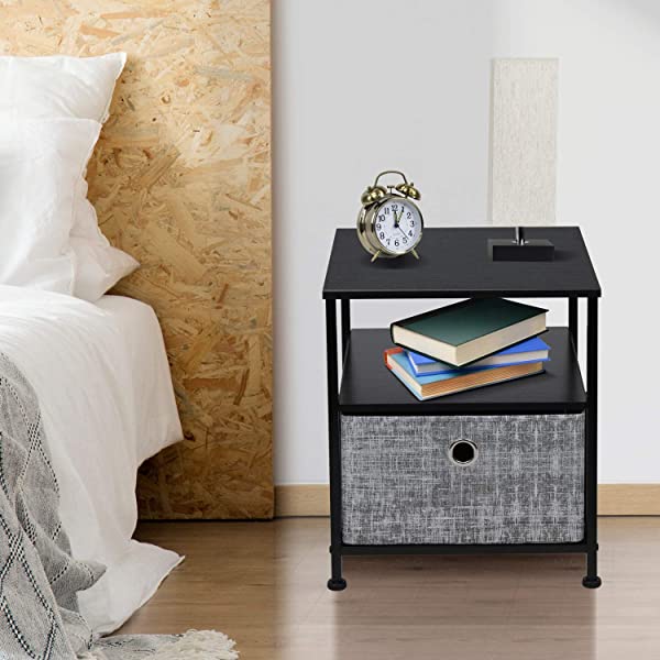Sorbus Nightstand 1-Drawer Shelf Storage- Bedside Furniture & Accent End Table Chest for Home, Bedroom, Office, College Dorm, Steel Frame, Wood Top, Easy Pull Fabric Bins (Rustic Wood)