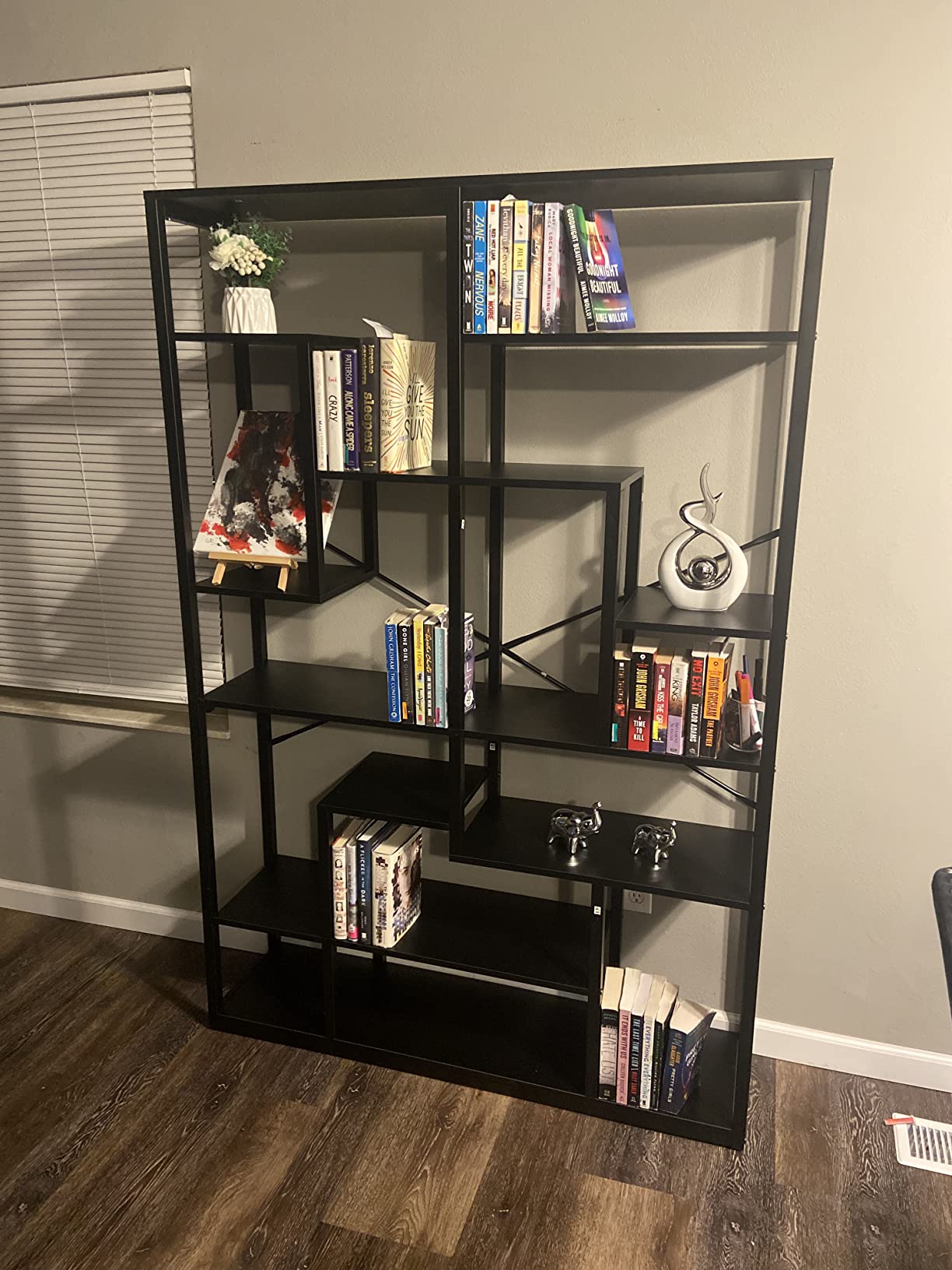 【Furniture】Black Bookshelf 47” Bookcase 9 Tier Tall Book Shelf Rustic Geometric Bookcase Display Shelf Organizer