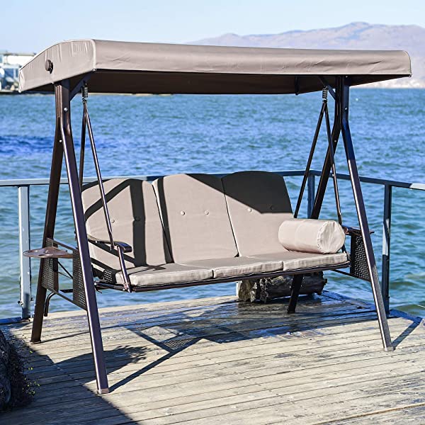 PURPLE LEAF 3-Seat Deluxe Outdoor Patio Porch Swing with Weather Resistant Steel Frame, Adjustable Tilt Canopy, Cushions and Pillow Included, Beige 74.4