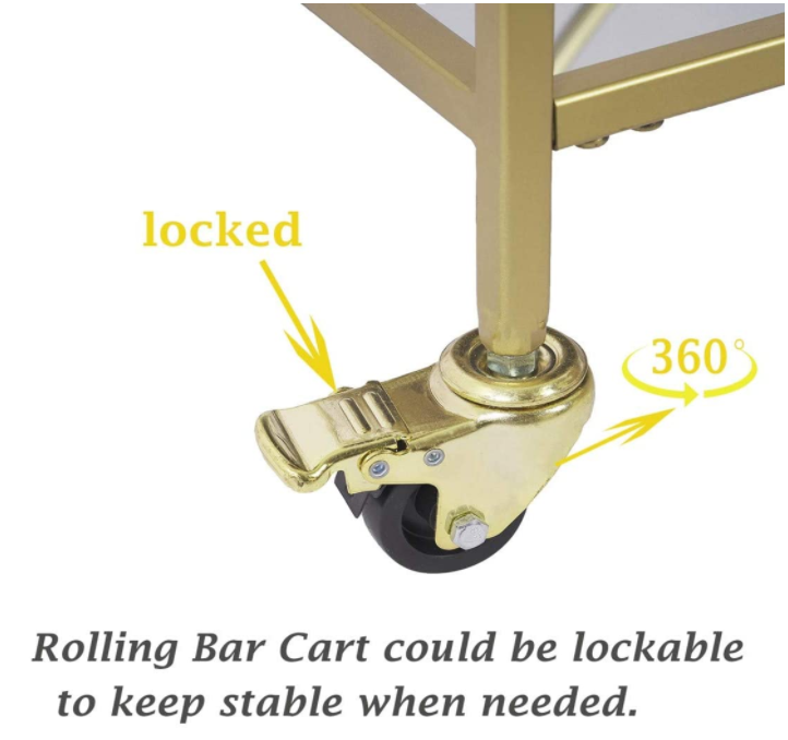 Large Gold Rolling Bar Cart with 2 Mirrored Shelves, Wine Drink Trolley Cart with Lockable Wheels, Suitable for Kitchen, Club, Living Room, 36