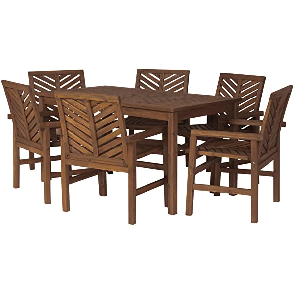 Walker Edison 5 Person Outdoor Wood Chevron Patio Furniture Dining Set Table Chairs Bench All Weather Backyard Conversation Garden Poolside Balcony, 4 Piece, Brown Brown 4 Piece Dining Set