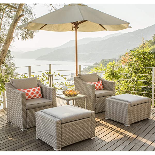 COSIEST 5-Piece Outdoor Furniture Lounge Set Warm Gray Wicker Sectional Sofa w Thick Cushions, Glass-Top Table, 2 Ottomans, 2 Teal Pattern Pillows for Garden, Pool, Backyard