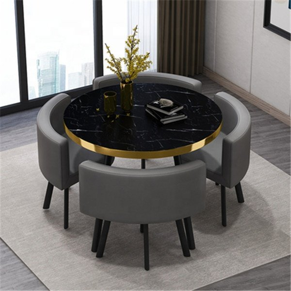 FAVORABLE SPACE SAVING MINI DINING TABLE SET 4 CHAIRS WITH MDF ROUND COFFEE TABLE METAL LEGS BALCONY HOME FURNITUR