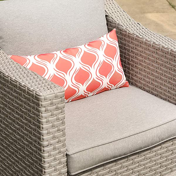 COSIEST 5-Piece Outdoor Furniture Lounge Set Warm Gray Wicker Sectional Sofa w Thick Cushions, Glass-Top Table, 2 Ottomans, 2 Teal Pattern Pillows for Garden, Pool, Backyard