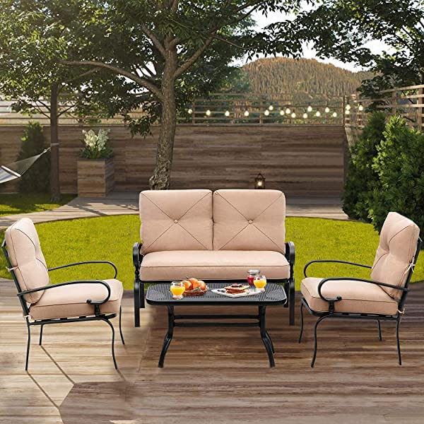 Oakmont Outdoor Furniture Patio Conversation Set Loveseat, 2 Chairs, Coffee Table with Cushion, Lawn Front Porch Garden, Metal Chair Set Wrought Iron Look (Red)