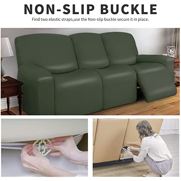 Easy-Going PU Leather Recliner Sofa Slipcovers, Waterproof Stretch Sofa Covers, 8 Pieces Stretch Furniture Protector, Elastic Strap Shield Pets Kids Children Cats Dogs Beige