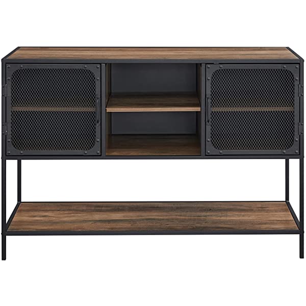 Walker Edison Malcomb Urban Industrial Metal Mesh Double Door Rolling Bar Cabinet, 33 Inch, Rustic Oak Rustic Oak 33 Inch