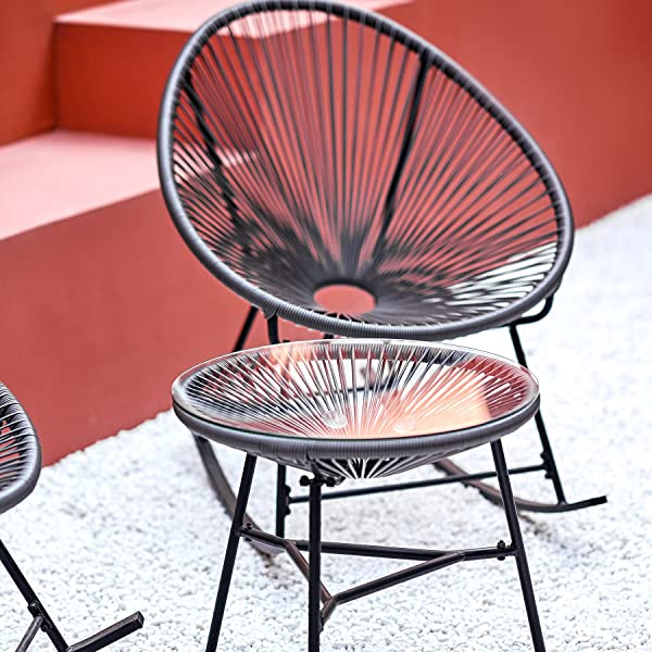 VONLUCE 3 Piece Outdoor Acapulco Bistro Set, Patio Furniture Set with Glass Top Table and 2 Rocking Chairs with Hand-Woven Rope, All Weather 3pc Conversation Set for Balcony and Patio Décor, Black