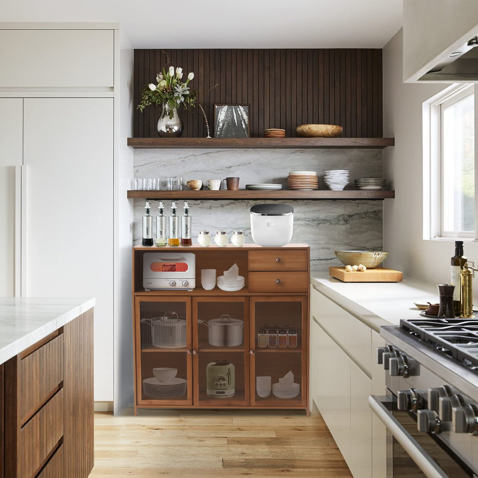 【Furniture】Natural Bamboo Buffet Sideboard Cabinet, 39 Inch Kitchen Sideboard Cabinet with 3 Doors