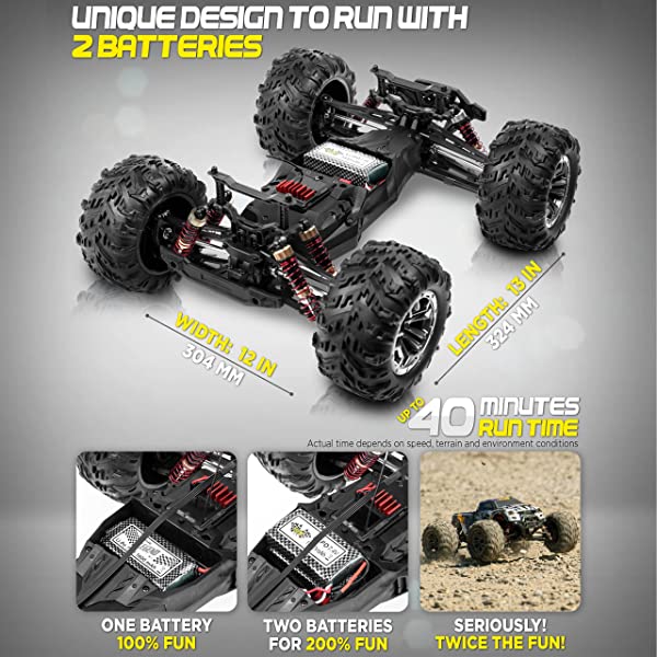1:10 Scale Large RC Cars 50+ kmh Speed - Boys Remote Control Car 4x4 Off Road Monster Truck Electric - Hobby Grade Waterproof Toys Trucks for Kids and Adults - 2 Batteries + Connector for 40+ Min Play Black - Red 1:10 Scale 31 mph