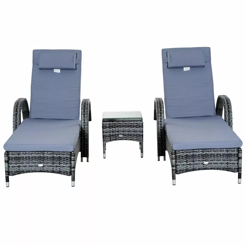 200CM LONG RECLINING SUN LOUNGER SET WITH CUSHIONS AND TABLE