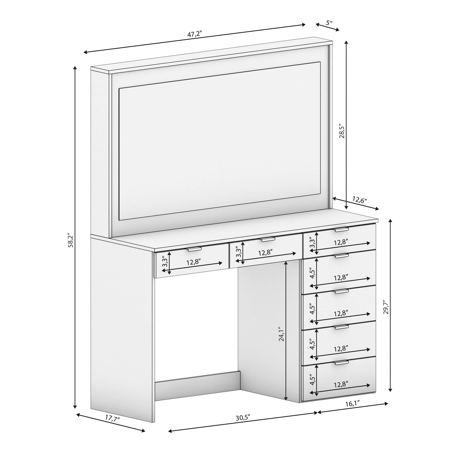 【Furniture】Dressing Table, 7 Drawers Large Mirror, Hollywood Style